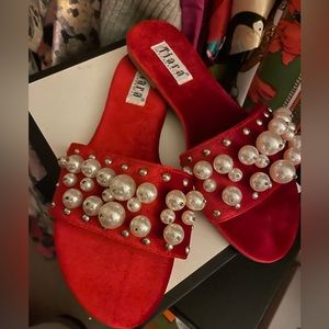 Tiara Dori-45 Women Flip Flop Pearl Slide Slip On Flat Sandal Shoe Slipper Red
